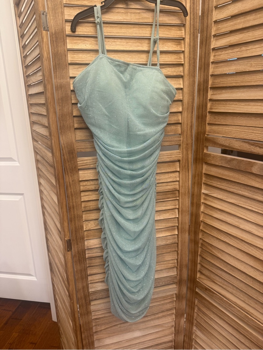 Ruched Sparkle Midi Dress in Sage Green